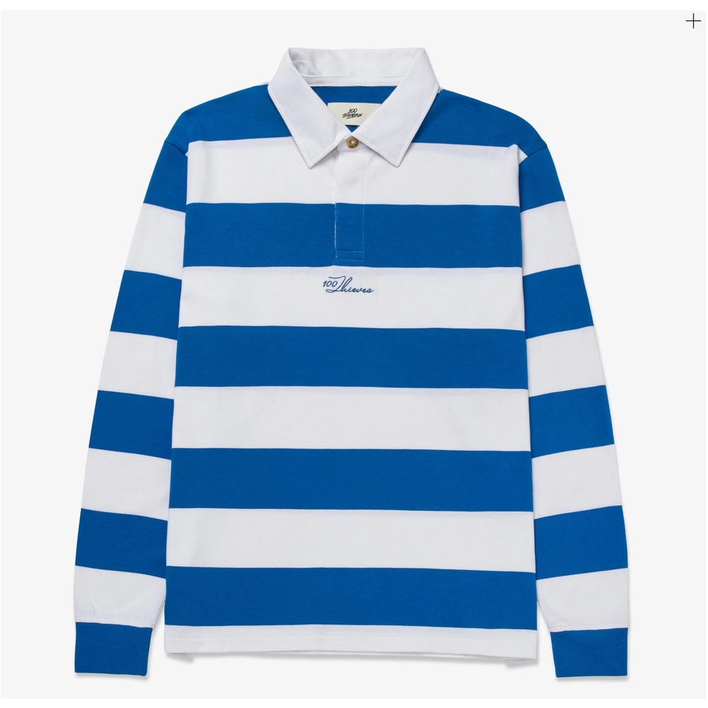 100 Thieves Mens XL Blue White Striped Long Sleeve Rugby Polo Shirt Streetwear